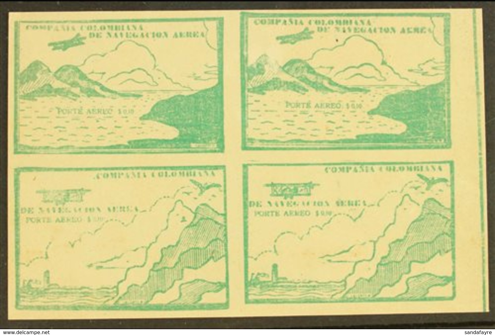 PRIVATE AIRS - COMPANIA COLOMBIANA DE NAVEGACION AREA  1920 (Oct) 10c Green "Sea And Mountains" And "Cliffs And Lighthou - Colombia