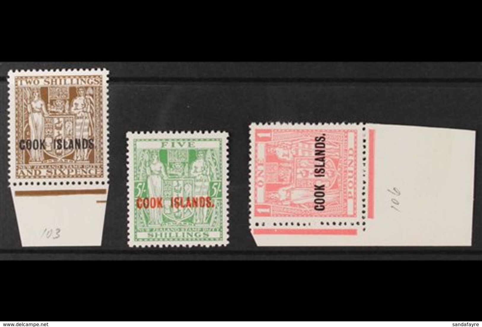 1936-44  2s.6d, 5s And £1 Postal Fiscals, Cowan Paper, SG 118/119, 121, Fine Mint, The 2s.6d Being Never Hinged. (3) For - Cook Islands