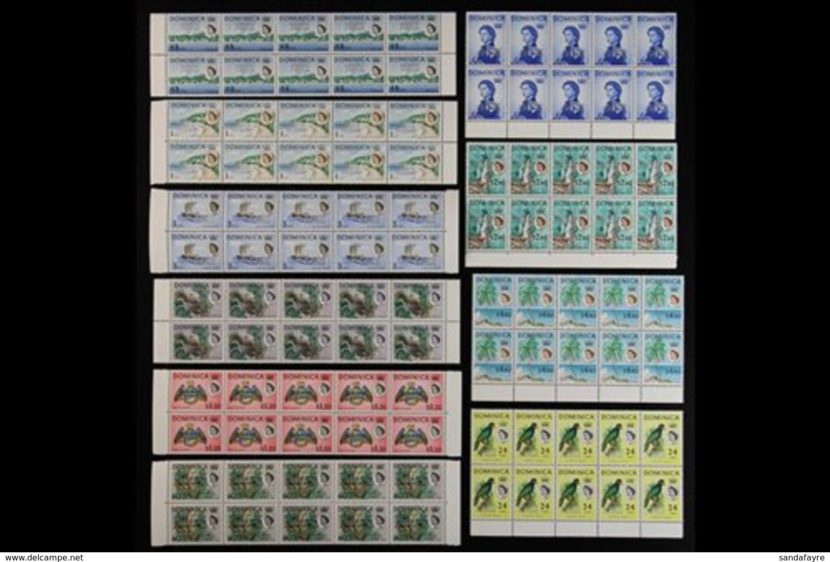 1968  Statehood Overprints Complete Set, SG 214/231, In Superb Never Hinged Mint Blocks Of Ten. (17 Blocks, 170 Stamps)  - Dominica (...-1978)
