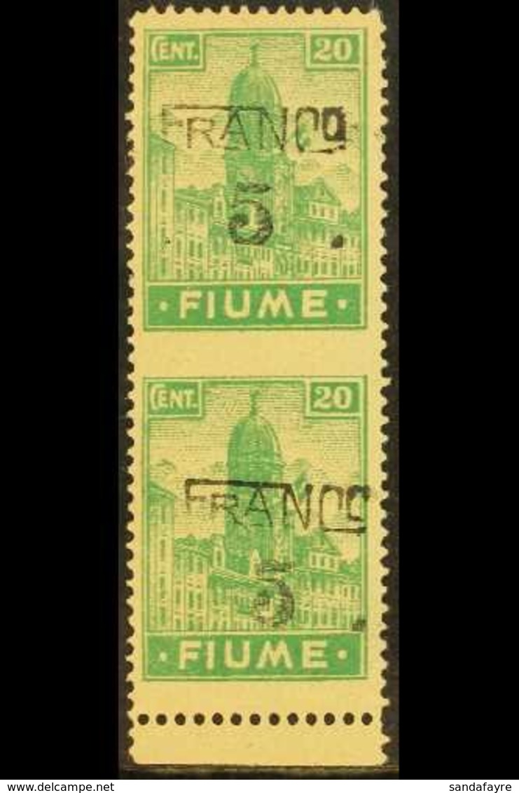 1919  "5" On 20c Emerald "Franco" Overprint Yellowish Paper Type A Lower Marginal Vertical IMPERF BETWEEN PAIR Variety,  - Fiume
