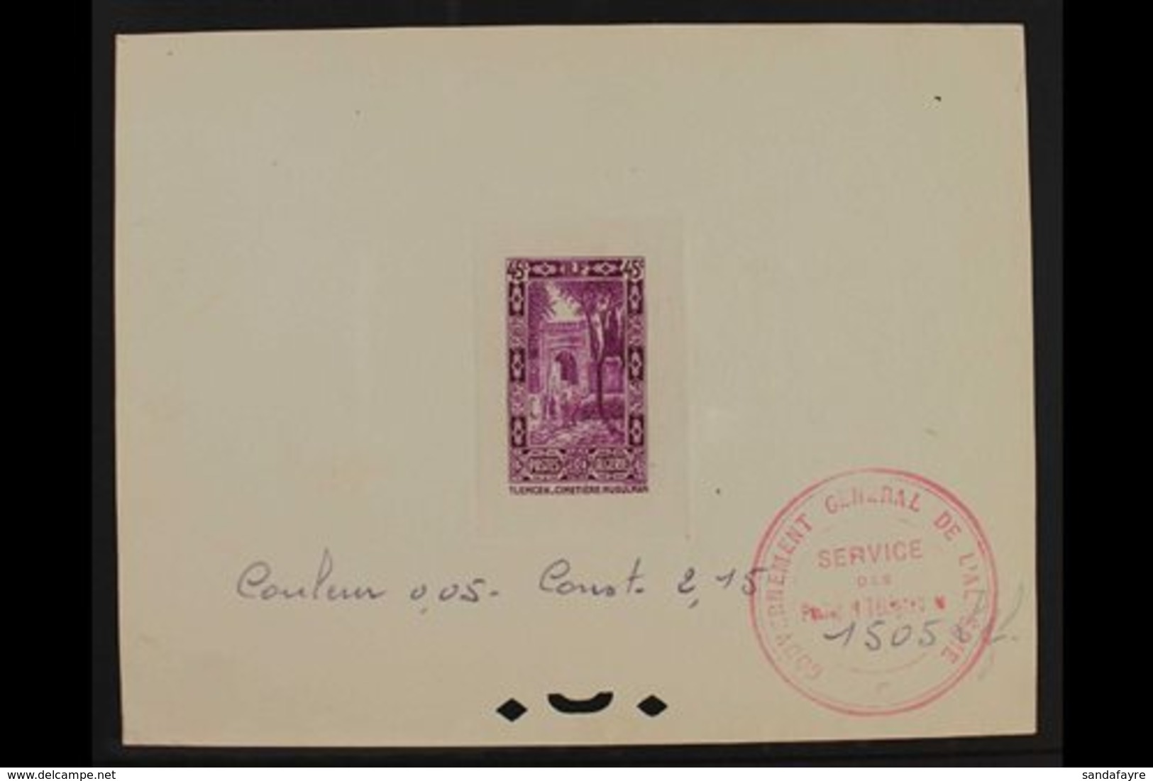ALGERIA  1936 IMPERF DIE PROOF For The 45c 'Moslem Cemetery' Pictorial Design (SG 117, Yvert 111) Printed In Bright Mage - Other & Unclassified