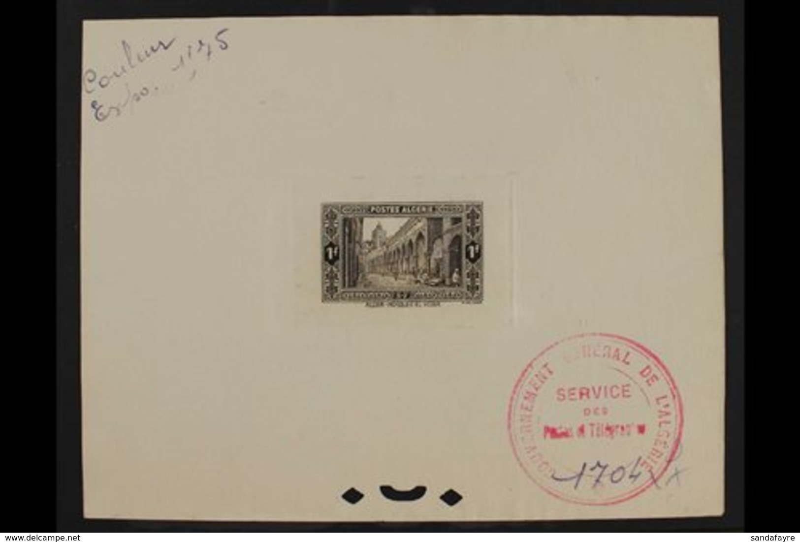 ALGERIA  1936 IMPERF DIE PROOF For The 1f 'El Kebir Mosque' Pictorial Design (SG 125, Yvert 116) Printed In Brown On Thi - Other & Unclassified