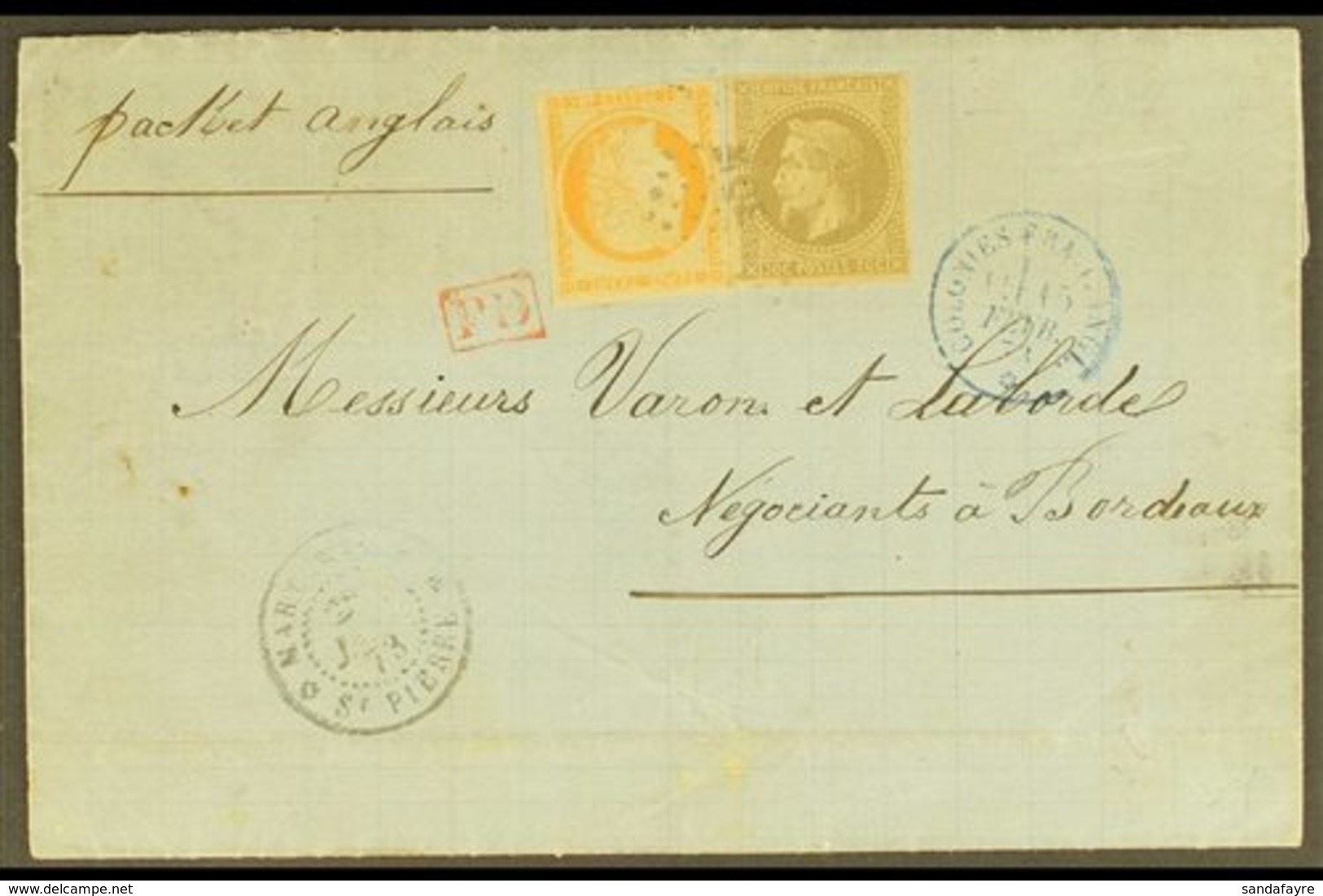 GENERAL ISSUES  USED IN MARTINIQUE 1872 (27 Jan) Entire Letter Addressed To France, Bearing French Colonies 30c Napoleon - Andere & Zonder Classificatie