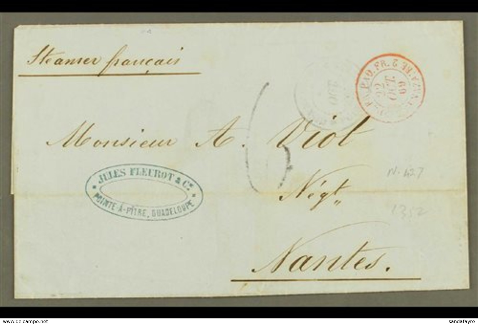 GUADELOUPE  1869 (5 Oct) Entire Addressed To France, Endorsed 'Steamer Francais', Bearing "Pointe A Pitre, Guadeloupe" & - Andere & Zonder Classificatie