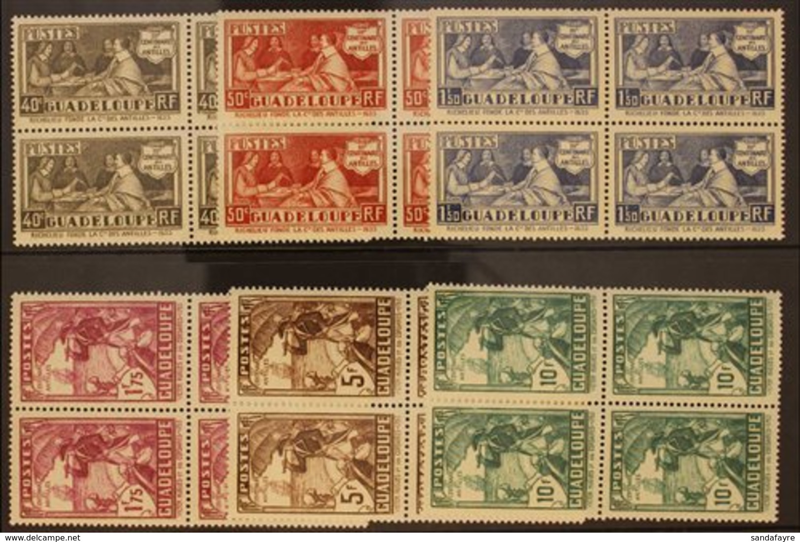 GUADELOUPE  1935 Tercentenary Complete Set (Yvert 127/132, SG 151/56), Superb Mint BLOCKS Of 4 (three Stamps In All Bloc - Other & Unclassified