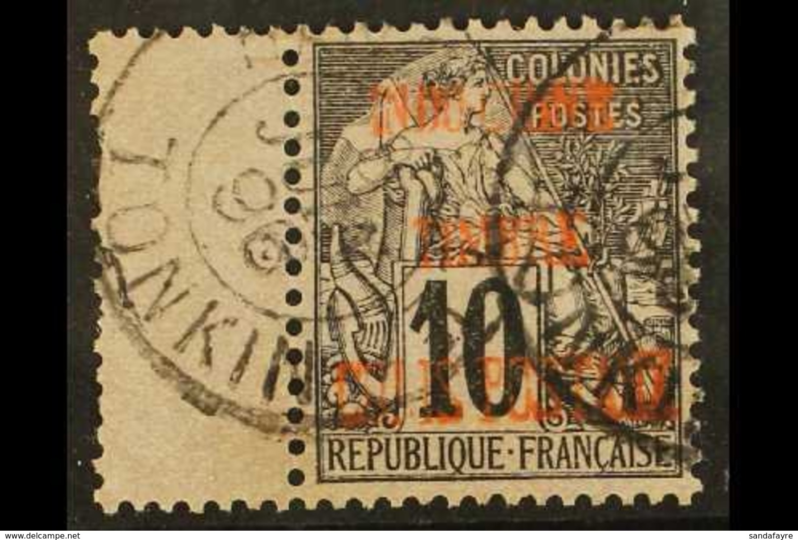 INDO-CHINA  POSTAGE DUES - 1891 10c Black On Lilac Ovptd (12mm), Yv 2, Superb Used With Gutter Showing Full Tonkin Cds.  - Other & Unclassified