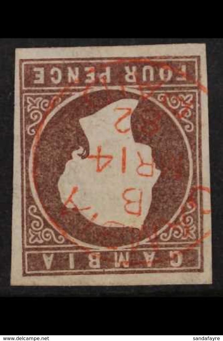 1874 VARIETY.  4d Brown, CC Wmk, Imperf With WATERMARK INVERTED Variety, SG 5w, Superb Used With Four Good To Large Marg - Gambia (...-1964)
