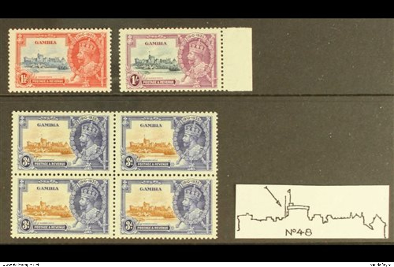 1935  Jubilee 1½d, 1s And 3s In Block Of 4,  Vf Mint, Each Showing The Variety "Vertical Line From Left Of Round Tower"  - Gambia (...-1964)
