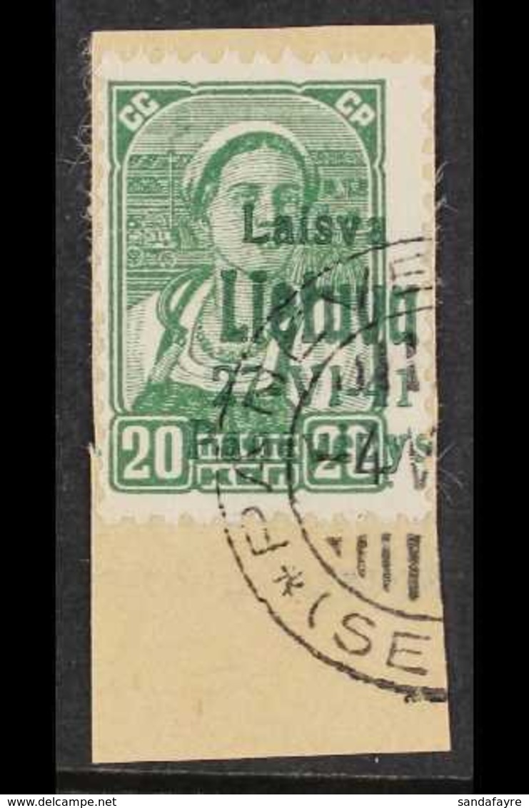 LITHUANIA  PANEVEZYS (PONEWESCH) 1941 20k Green With Local Overprint In Green, Michel 7a, Superb Cds Used On Piece, Very - Other & Unclassified