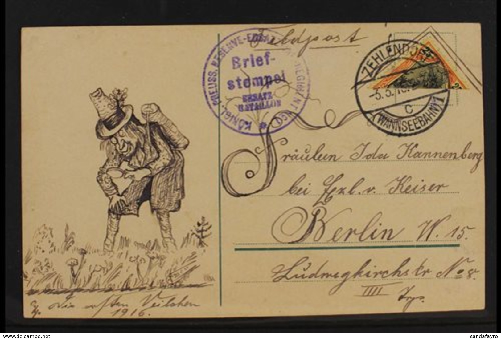 1916 BISECT  Feldpost Card Bearing 25pf Germania Diagonally BISECTED Stamp Tied By "Zehlendorf" Cds Cancel, With Regimen - Andere & Zonder Classificatie