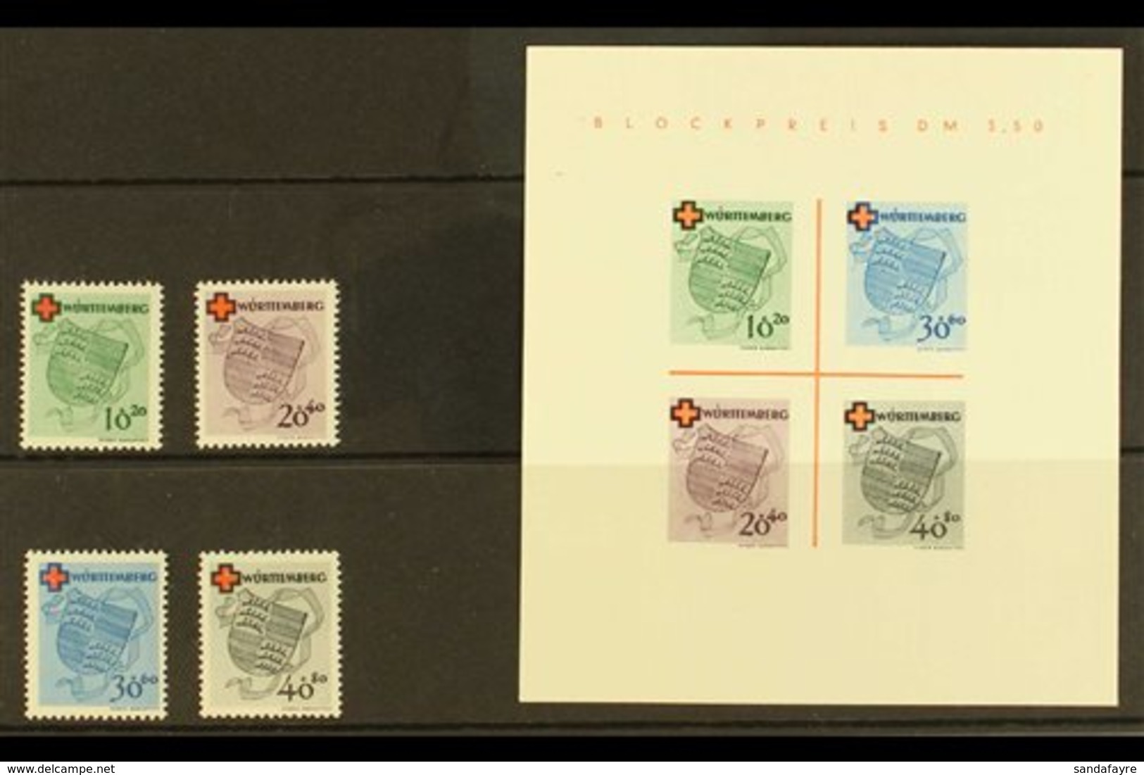 FRENCH ZONE  WURTTEMBERG 1949 Red Cross Complete Set & Mini-sheet Type I (Michel 40/43 & Block 1 I/I, SG FW40/43 & MSFW4 - Andere & Zonder Classificatie