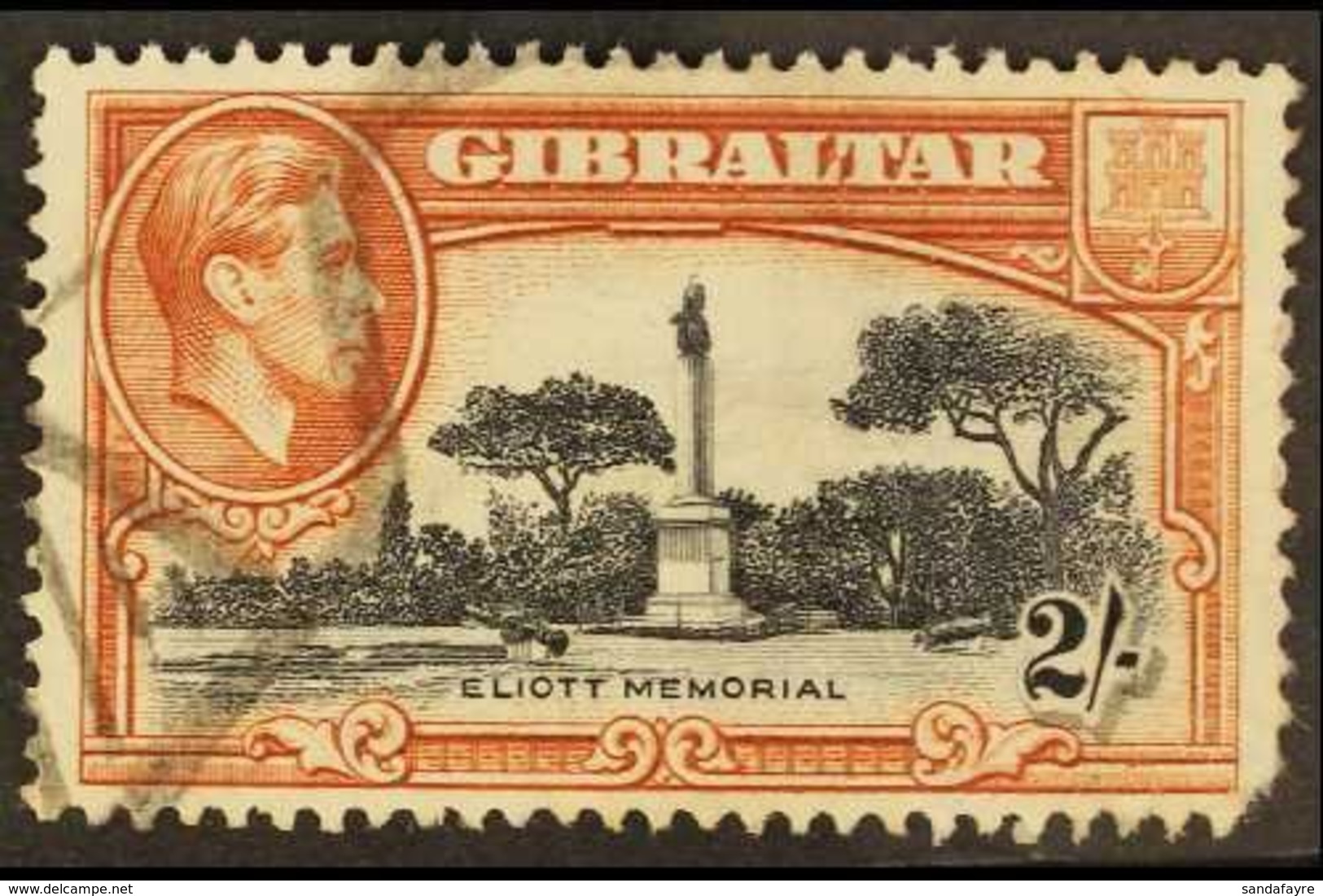 1938-51  2s Black & Brown Perf 13 BIRD ON MEMORIAL Variety, SG 128bb, Used, Pulled Corner Perf, Cat £500. For More Image - Gibraltar