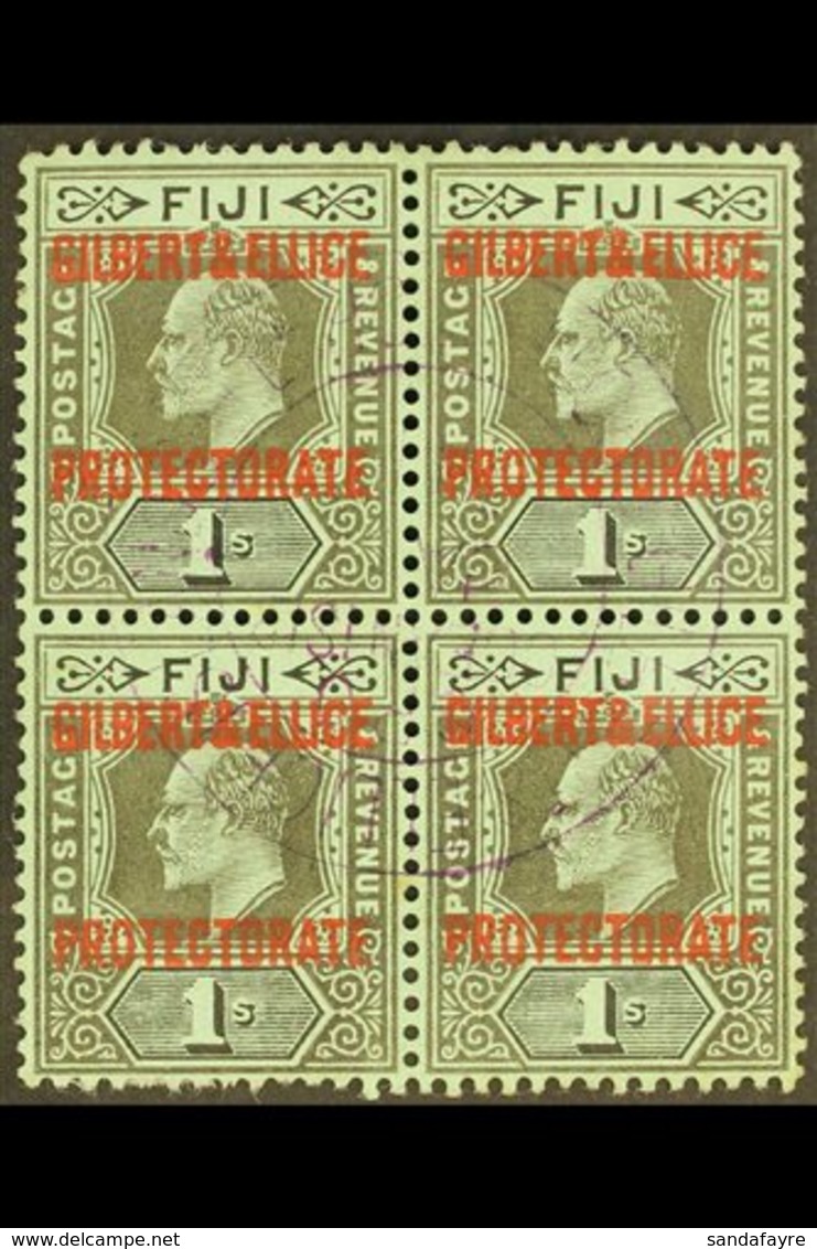1911  1s Black On Green, Overprinted, SG 7, Superb Used Block Of 4 With Central Protectorate Cds Cancel. For More Images - Îles Gilbert Et Ellice (...-1979)