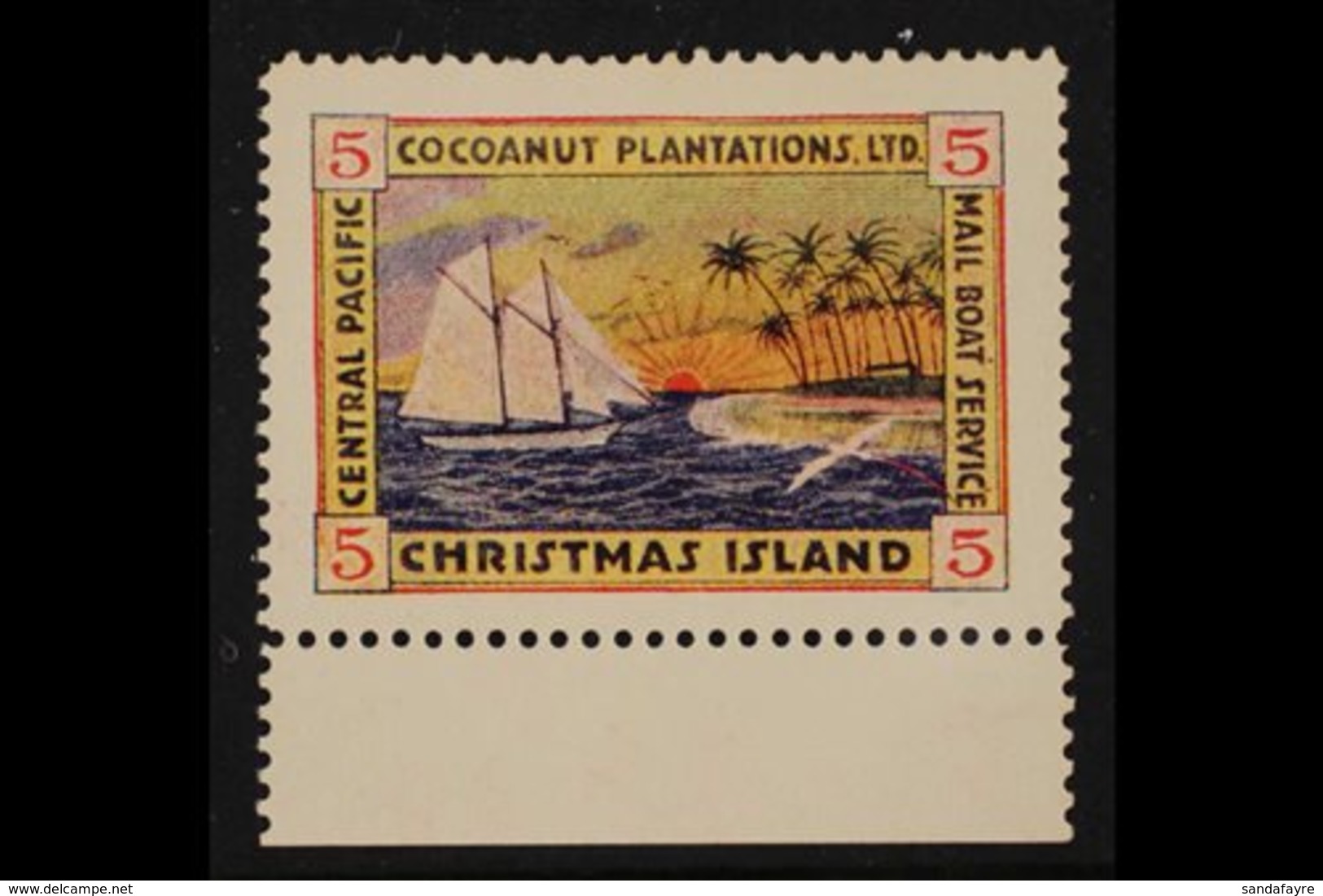 CHRISTMAS ISLAND  LOCAL STAMP 1920-24 5c 'Central Pacific Cocoanut Plantation Ltd' Second Issue, Never Hinged Mint Lower - Îles Gilbert Et Ellice (...-1979)