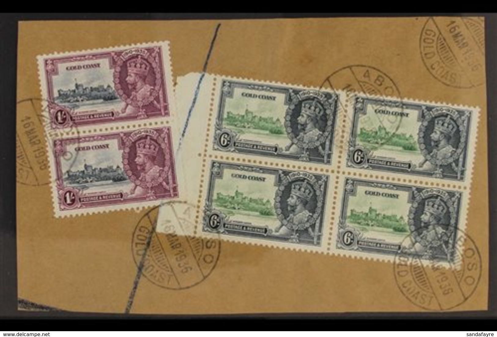 1935 SILVER JUBILEE VARIETY  A Large "Registered" Piece Bearing A Marginal Block Of 4 X 6d Green & Indigo (SG 115) & A V - Gold Coast (...-1957)