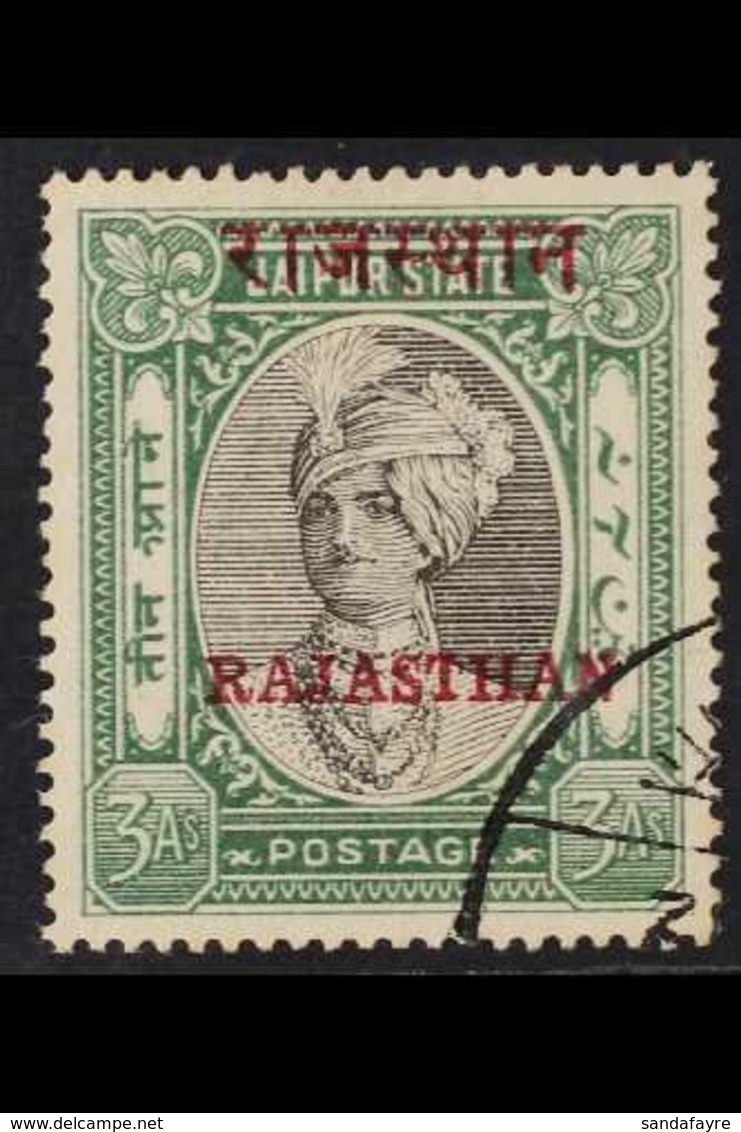RAJASTHAN  1950 3a Black & Green Overprint On Jaipur, SG 21, Very Fine Used With Corner Cds Cancel, Fresh. For More Imag - Other & Unclassified