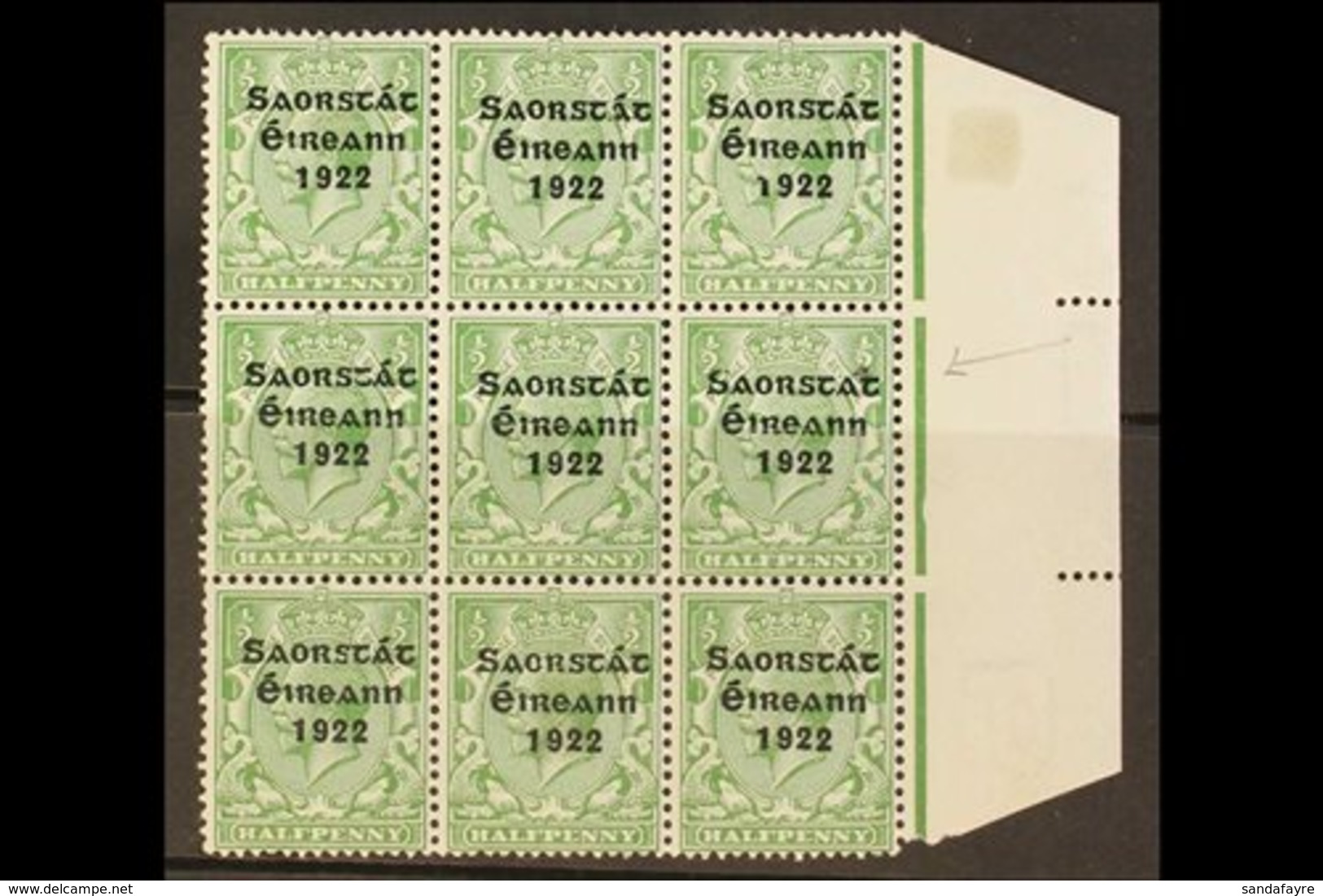 1922-23 THOM SAORSTAT RARITY  ½d Green, SG 52, Right Hand Marginal Block Of Nine, Showing At 15/12 ACCENT INSERTED TWICE - Other & Unclassified