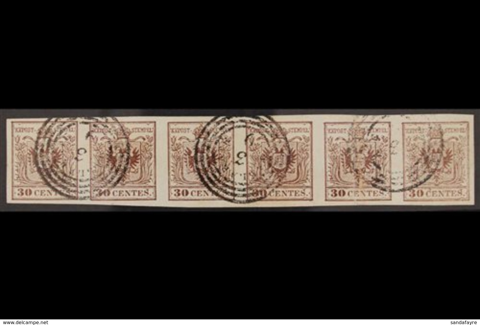 LOMBARDY-VENETIA  1850 30c Brown On Machine Made Paper, Sass 21 (Mi 4Y), Used HORIZONTAL STRIP OF 6. 5th Stamp With Pres - Unclassified