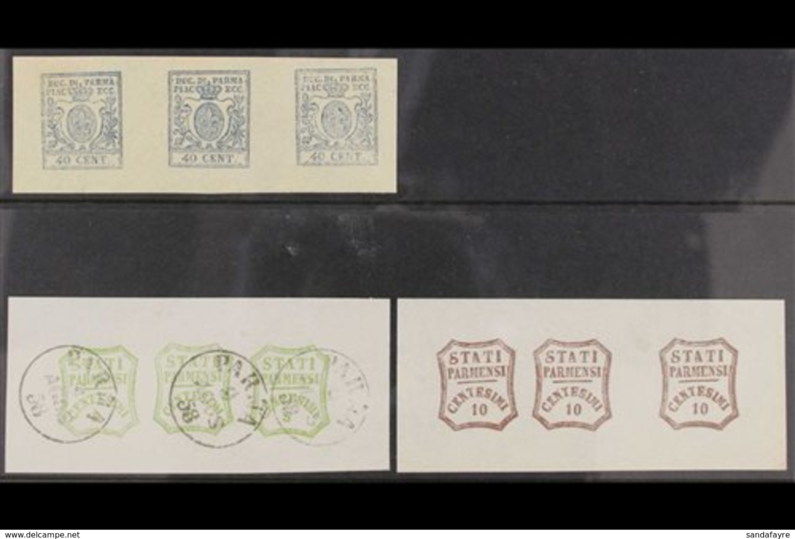 PARMA  FOURNIER FORGERIES. 1857-59 Strips Of 3 Including 1857 40c Blue Strip Of 3, Provisional Government 5c Green  "use - Unclassified