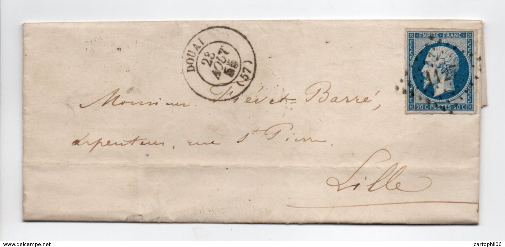 - Lettre DOUAI Pour LILLE (Nord) 23 AOUT 1855 - 20 C. Bleu Napoléon III Oblitéré Losange PC 1127 - - 1849-1876: Période Classique