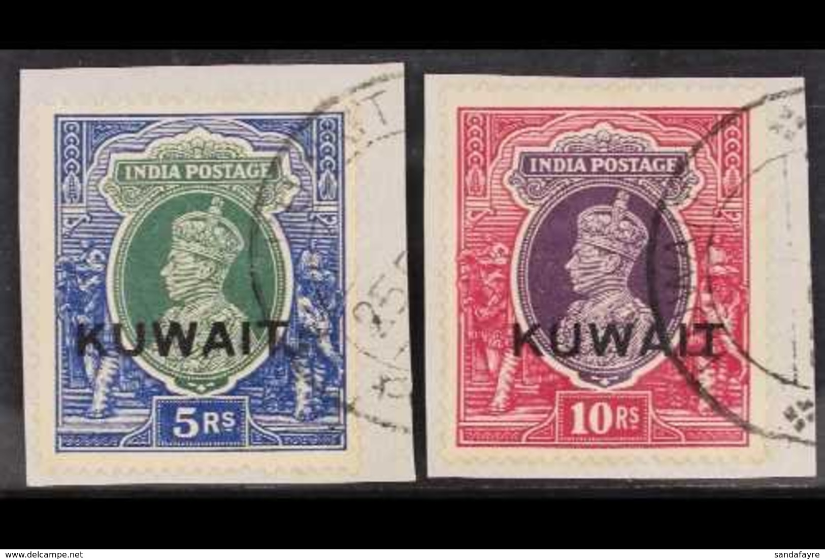 1939  5r And 10r King George VI Stamps Of India Overprinted "KUWAIT", SG 49/50, Each Very Fine Used On Piece. (2 Stamps) - Koeweit