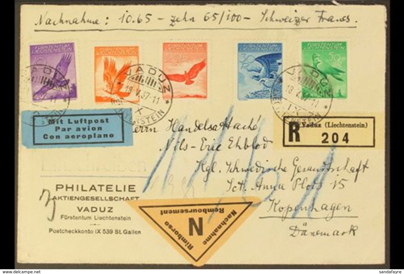 1937 FLIGHT COVER  (May 18th) Vaduz To Copenhagen Registered Cover Bearing Vaduz Reg Tab, The 1934 Airmail Stamp Set (Mi - Andere & Zonder Classificatie