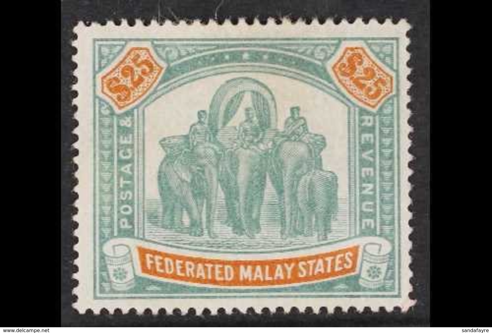 FEDERATED MALAY STATES  1900 $25 Green And Orange Elephants, Wmk Crown CC, SG 26, Mint With Heavy Hinge Remain And Small - Autres & Non Classés