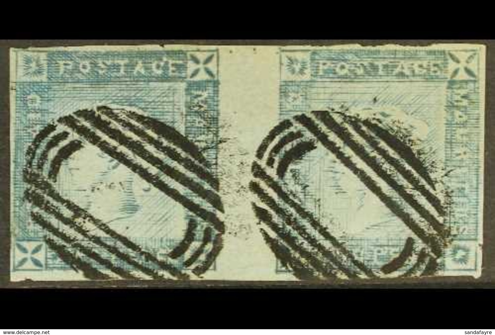 1859  2d Blue "Lapirot" Worn Impression, SG 39, Used HORIZONTAL PAIR From Positions 1 And 2, With 4 Small / Close Margin - Maurice (...-1967)