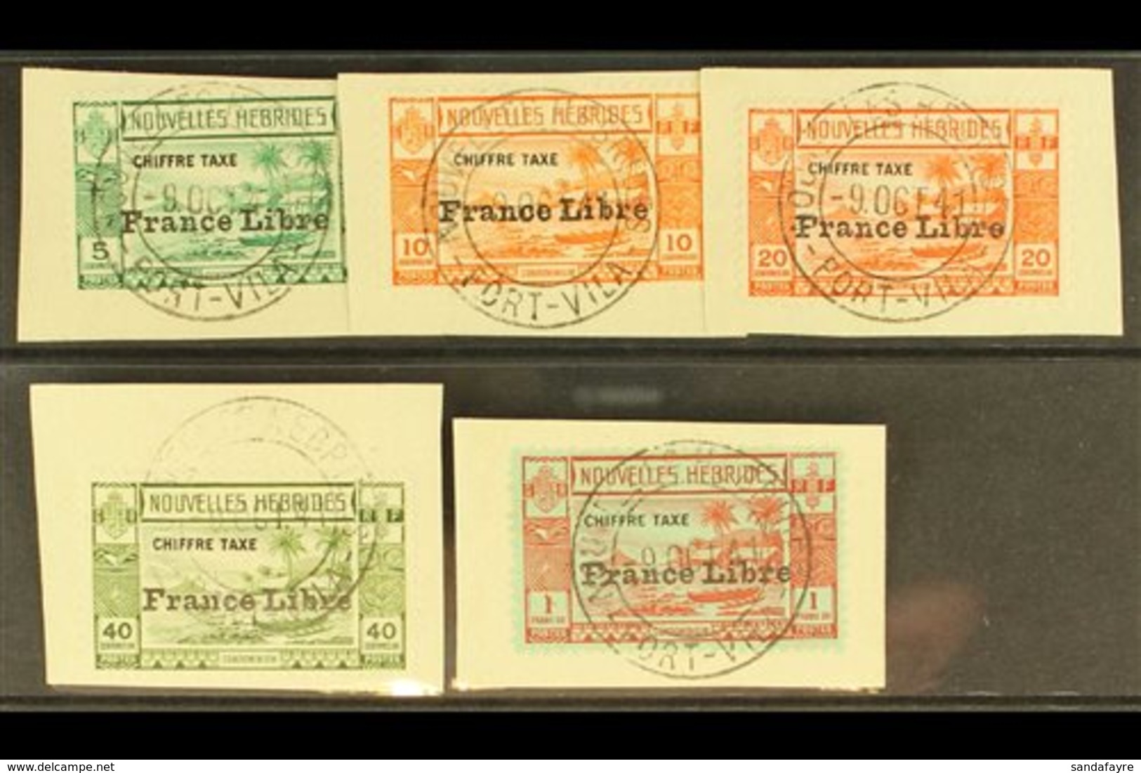 FRENCH 1941  Postage Due France Libre Set, SG FD77/81, Each On A Piece Tied By Port Villa 9 Oct 1941 Cds. (5 Stamps) For - Other & Unclassified