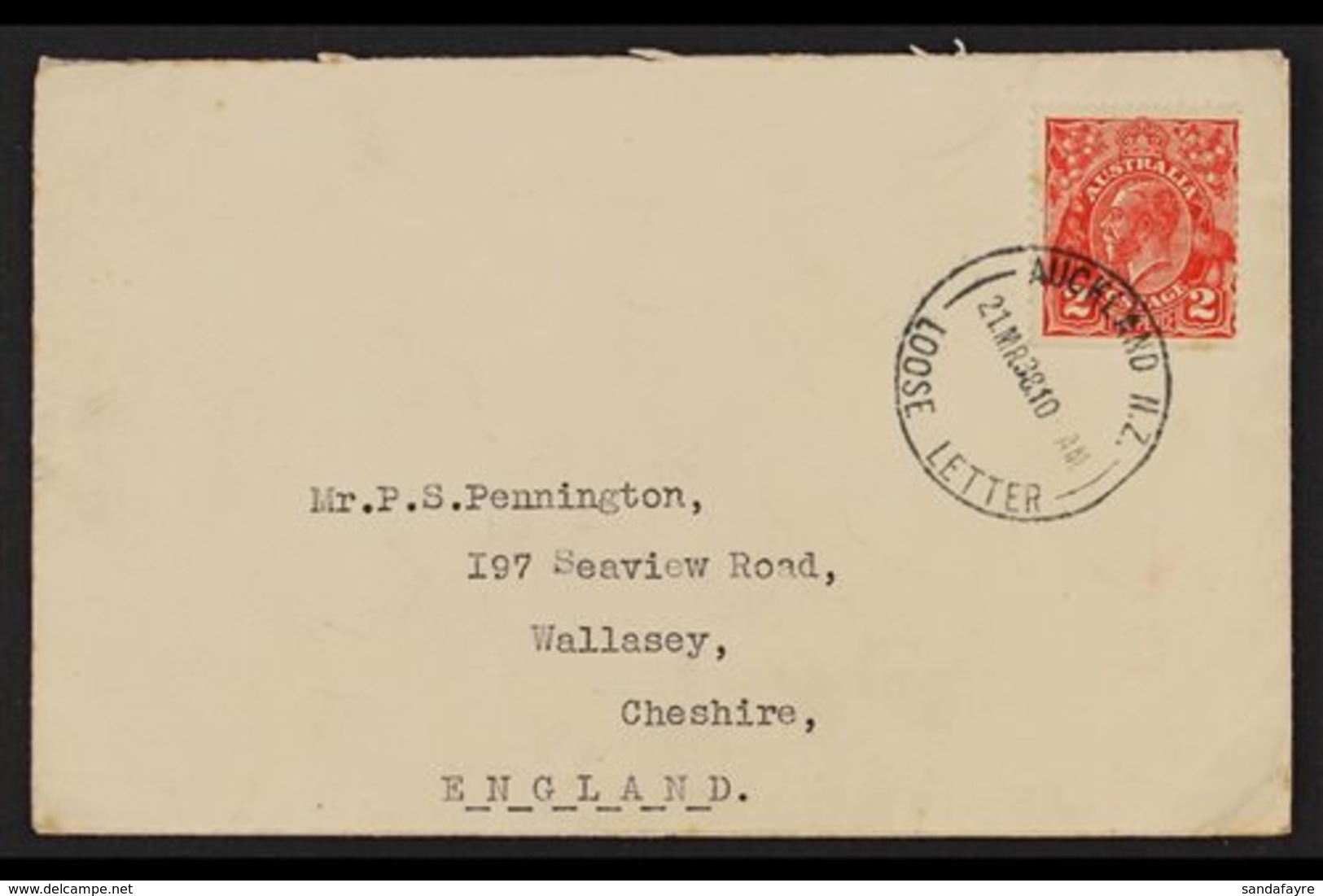 1938  (March) Envelope To England, Bearing Australia 2d Head Tied By Fine "AUCKLAND N.Z. LOOSE LETTER" Cds. For More Ima - Andere & Zonder Classificatie