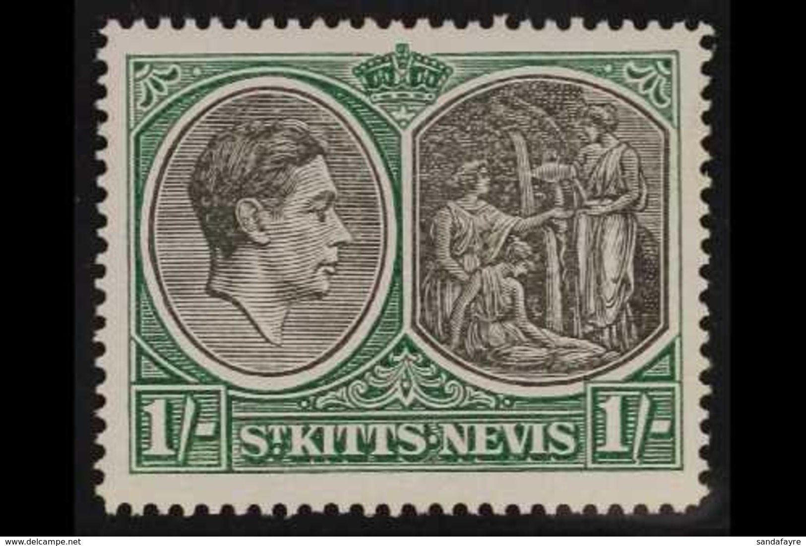 1938-50  1s Black & Green Ordinary Paper Perf 14 BREAK IN VALUE TABLET FRAME Variety, SG 75ba, Very Fine Mint, Very Fres - St.Kitts E Nevis ( 1983-...)