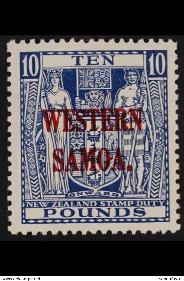 1935-42  £10 Deep Blue Ovpt'd Postal Fiscal Stamp Wmk Single, Barefoot 25 A (see Note After SG 194d), Never Hinged Mint, - Samoa (Staat)