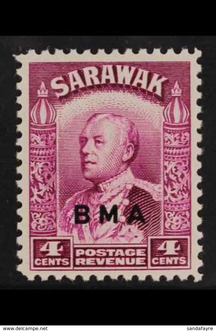 1945 RARE OVERPRINT VARIETY.  4c Bright Purple "BMA" OVERPRINT DOUBLE ONE ALBINO Variety, SG 129a, Very Fine Mint, Very  - Sarawak (...-1963)