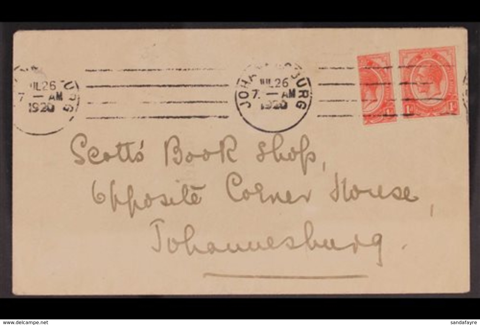 1920 1D BISECT ON COVER.  1920 (26 Jly) Env Sent Within Johannesburg Franked With KGV 1d + 1d BISECT Both Tied Jo'burg M - Zonder Classificatie