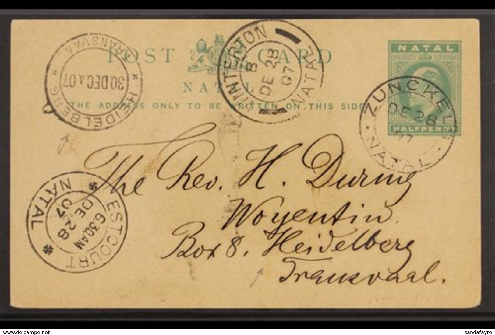 NATAL  FOUR C.D.S. POSTMARKS - 1907 KEVII ½d Postal Stationery Postcard Addressed To Transvaal, Posted Zunckel And Then  - Ohne Zuordnung