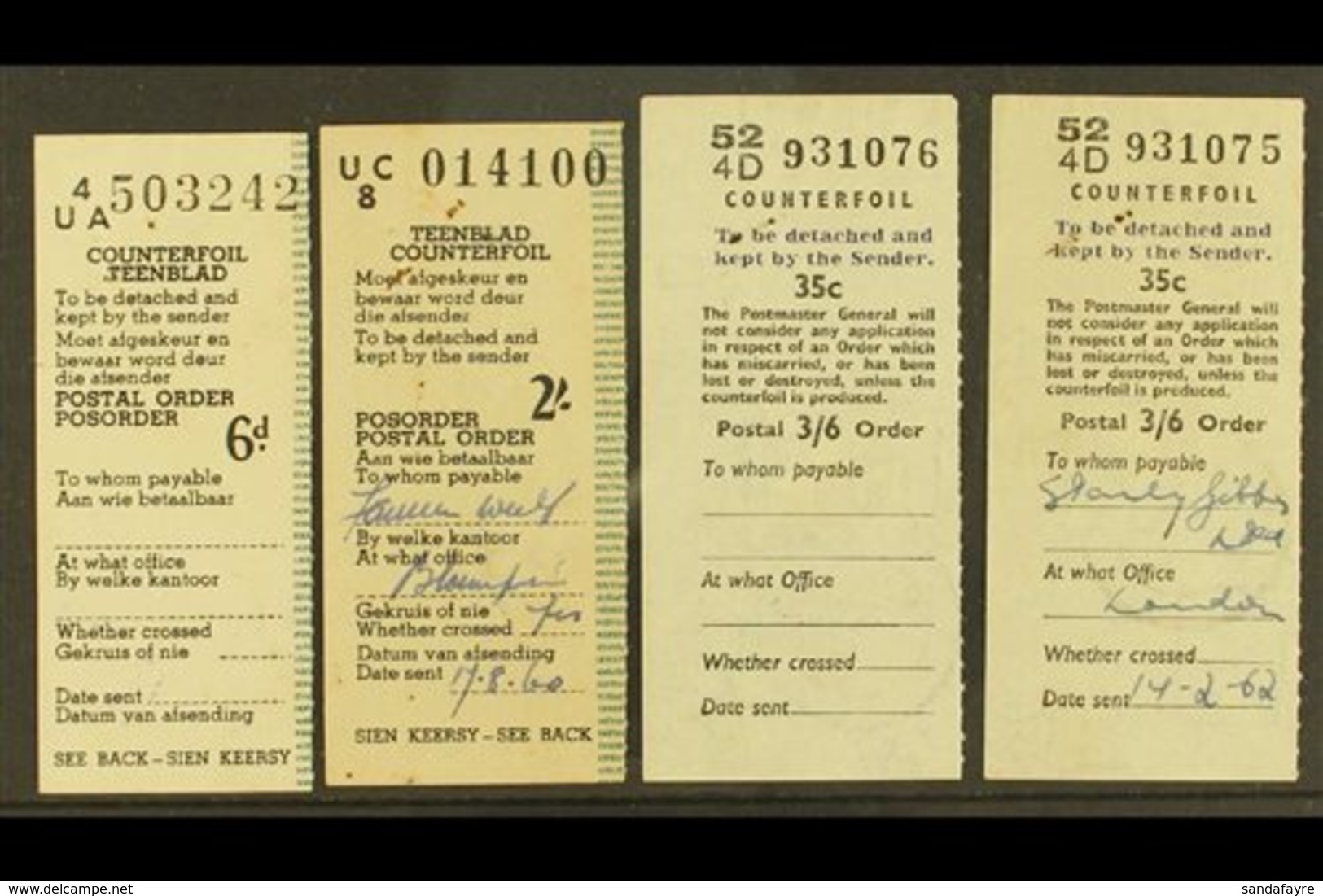 POSTAL ORDER COUNTERFOILS  Group Incl. Two Union Type 6d & 2s Values With "Ramsgate" 9.8.60 C.d.s. On Reverse And GB Typ - Unclassified