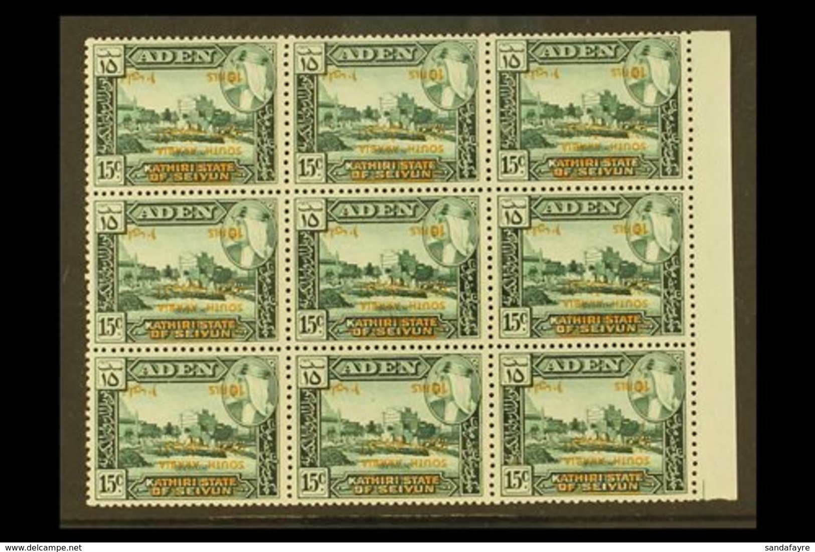 1966  10f On 15c Green Surcharge, Variety "Surcharge Inverted", SG 58a, Superb Marginal NHM Block Of 9. For More Images, - Aden (1854-1963)