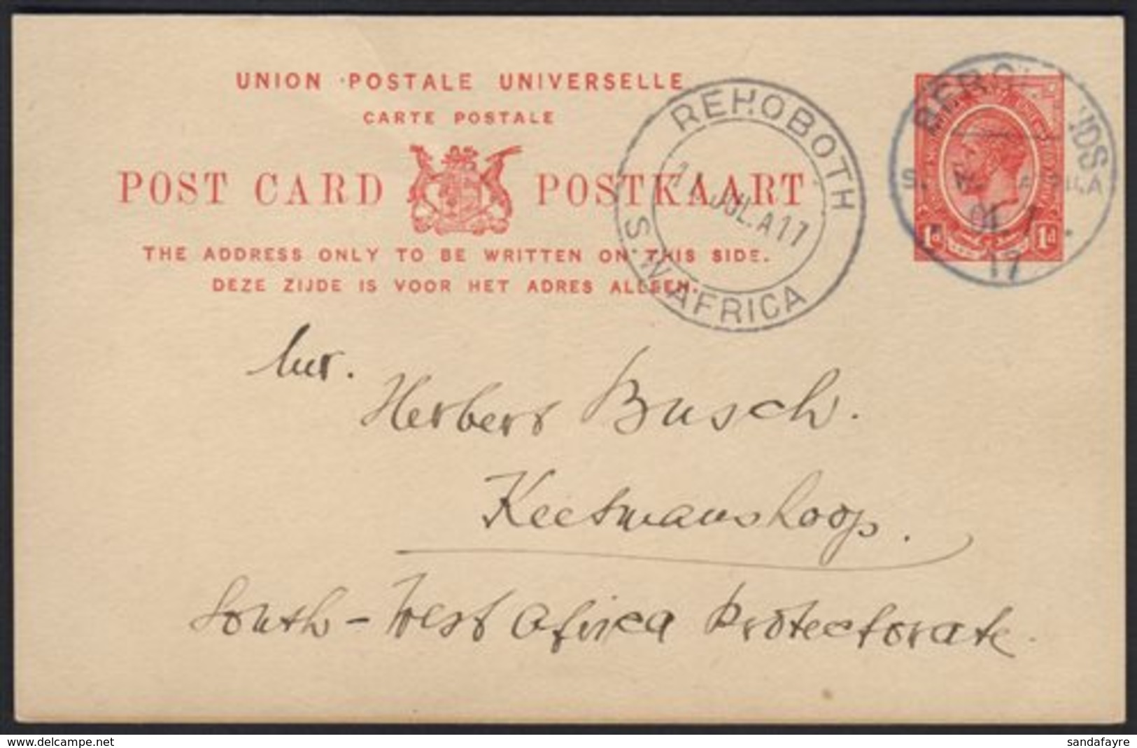 1917  (10 Jul) 1d Union Postal Card To Keetmanshoop With Fine "BERGLANDS" Cds Postmark, Putzel Type B1 Oc (showing "01.7 - Zuidwest-Afrika (1923-1990)