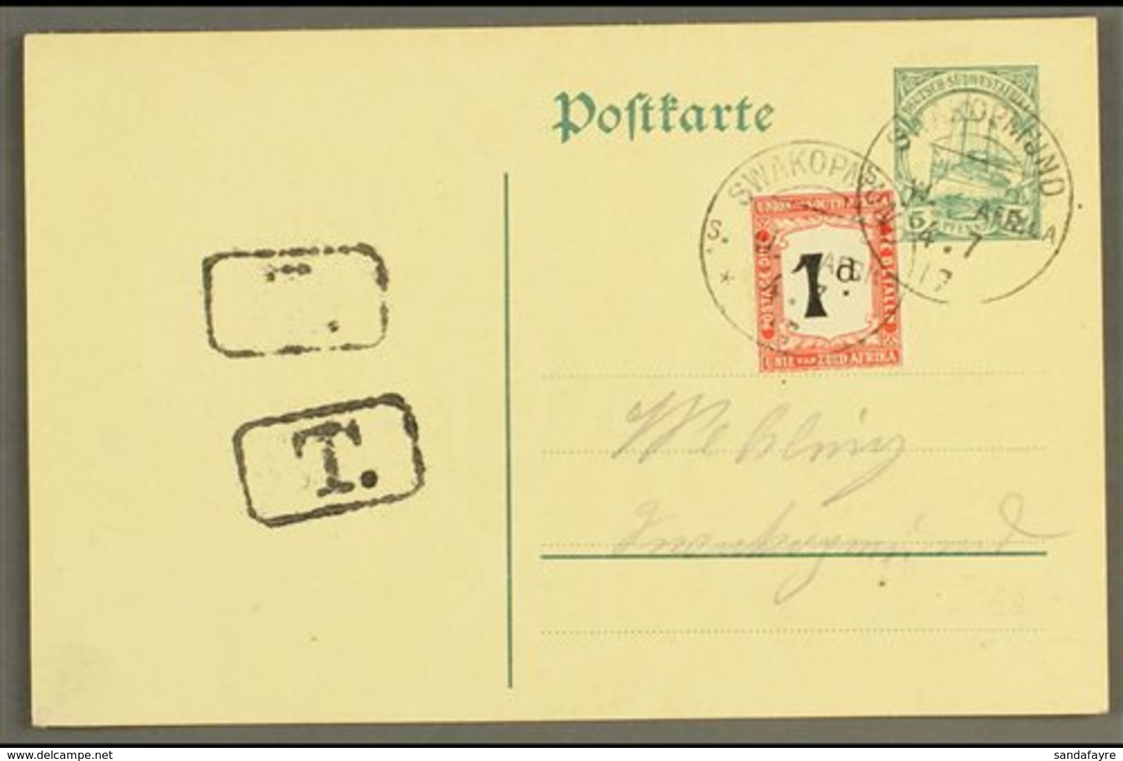 1917  (4 Jul) Disallowed German S.W.A. 5pf Postal Card With 1d Union Postage Due Affixed, These With Fine "SWAKOPMUND" C - Südwestafrika (1923-1990)