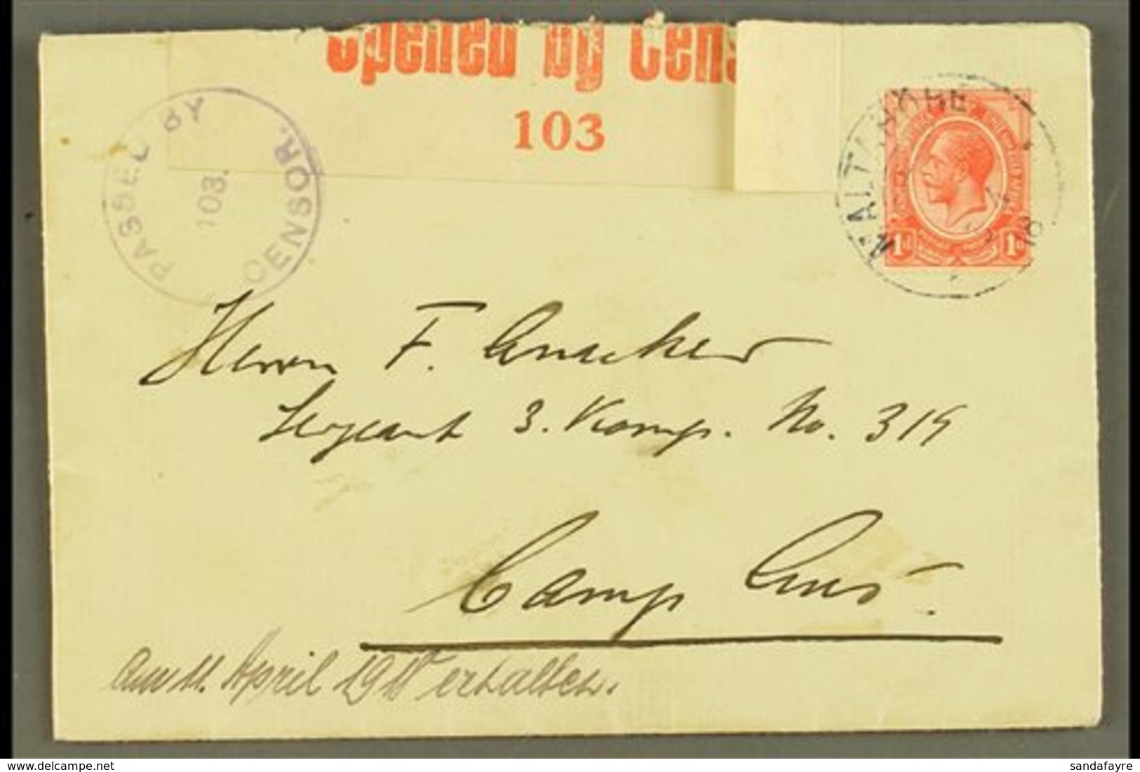 1918  (3 Apr) Cover Addressed To "Camp Aus" Bearing 1d Union Stamp Tied By Fine "MALTAHOHE" Cds Postmark, Putzel Type B2 - Südwestafrika (1923-1990)
