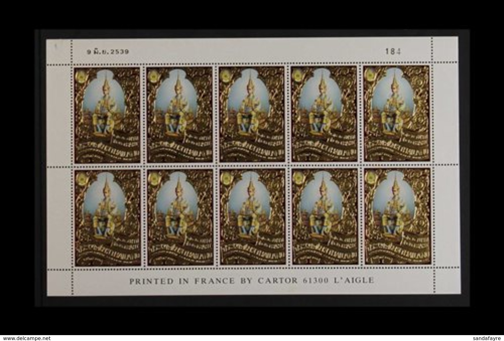 1996  50th Anniv Of King Bhumibol's Accession 100b Gold Foil, SG 1867, A Never Hinged Mint COMPLETE SHEET OF TEN With Fu - Thailand