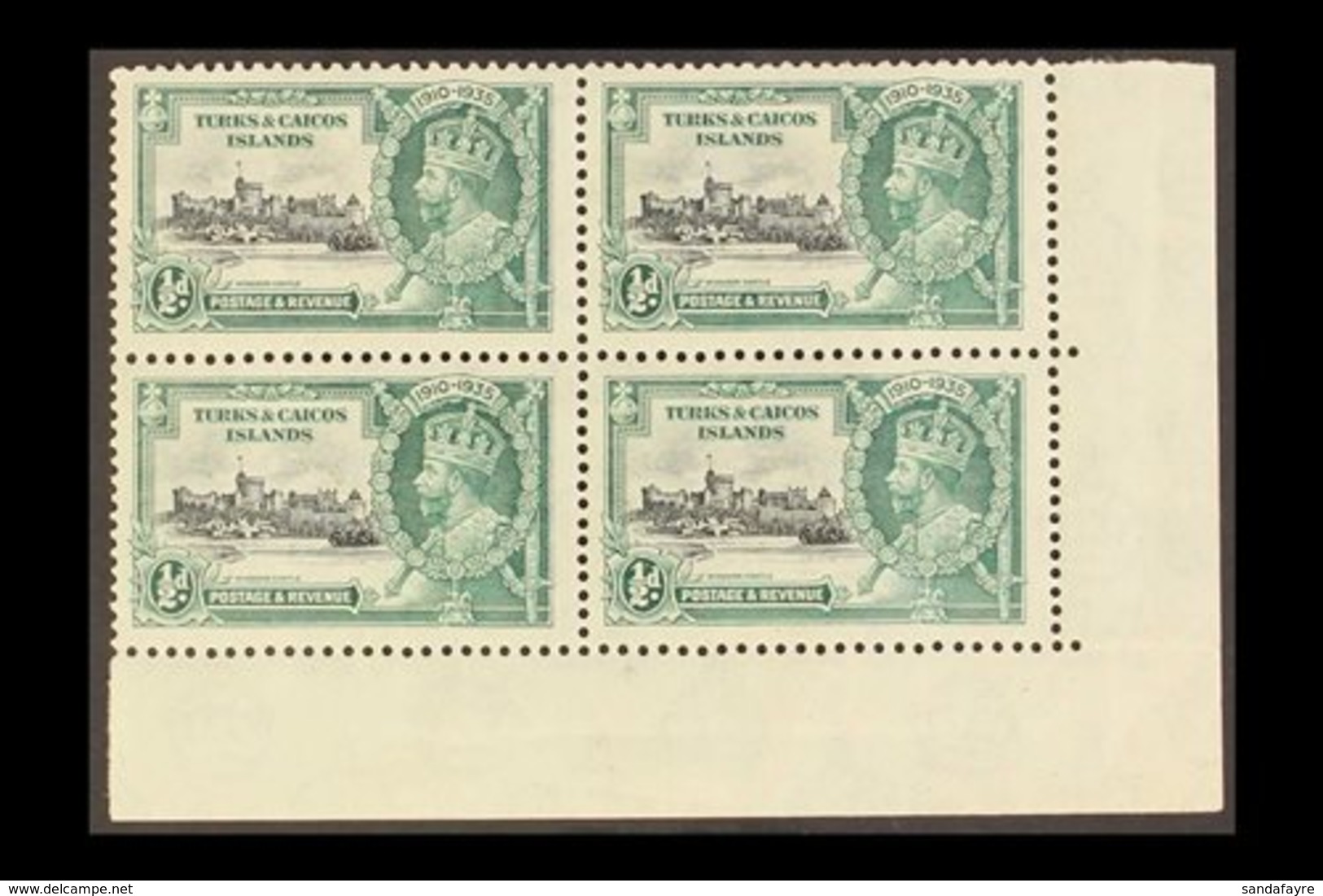 1935  Silver Jubilee ½d Kite And Horizontal Log Variety, SG 187l, Within Mint Corner Block Of Four, The Variety Never Hi - Turks And Caicos