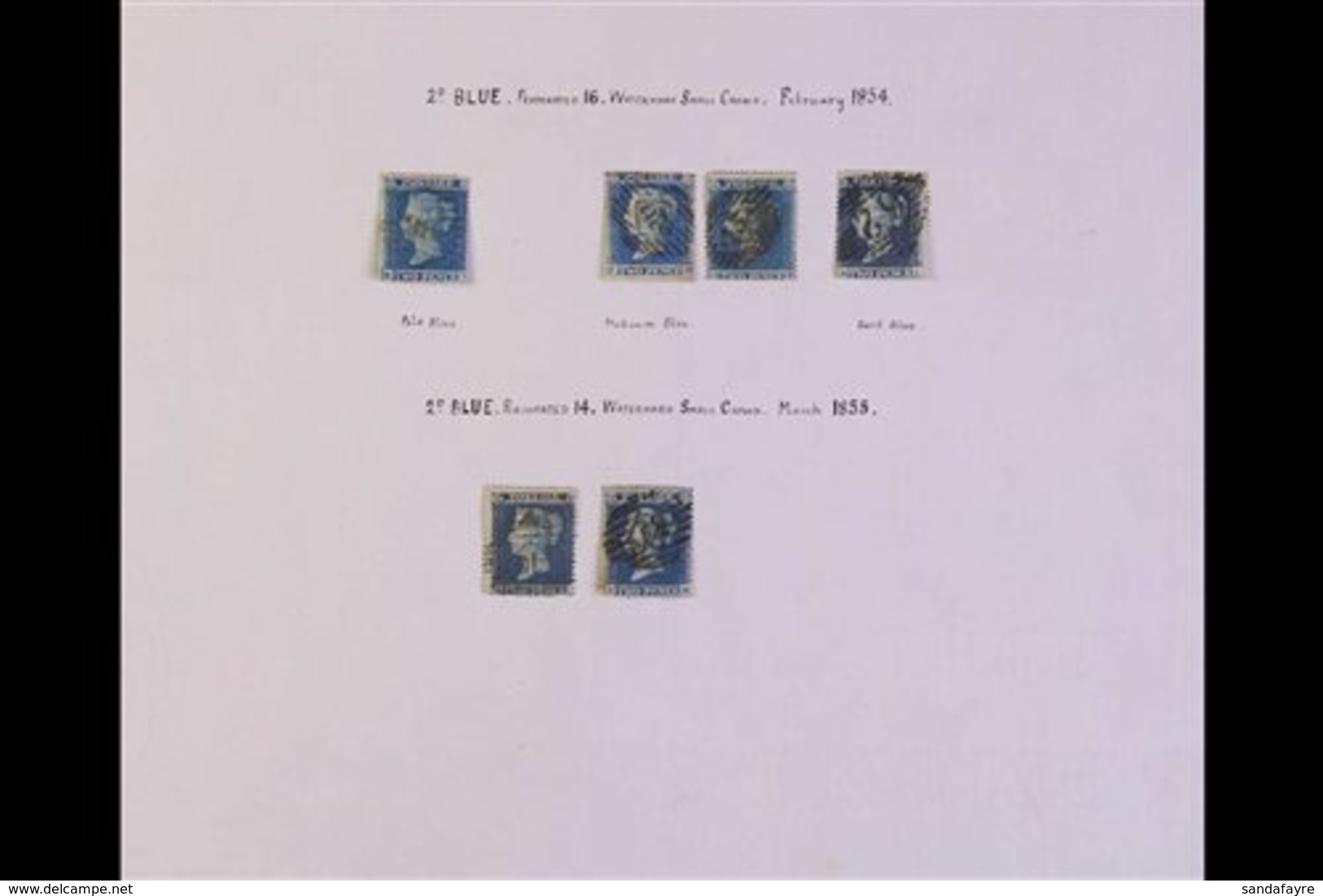 1854-58  TWOPENNY BLUES USED GROUP On Ancient Ledger Pages, We See 1854-7 Wmk Small Crown Perf 16 (4 Stamps) With Shades - Other & Unclassified