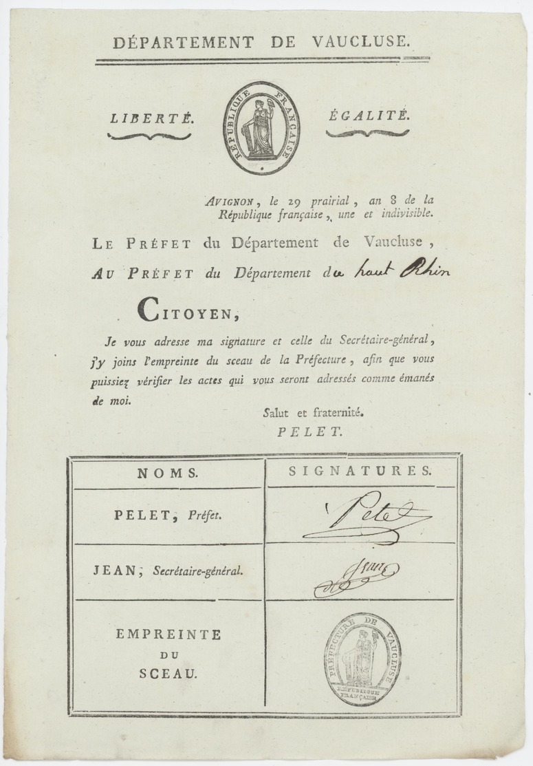 Avignon An 8 – 18.6.1800 - Signature Du  Préfet Pelet Secrétaire Général Jean  Empreinte Du  Sceau  Héraldique - Documenti Storici