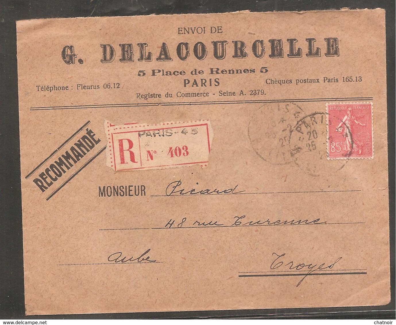 Enveloppe RECOM  Avec  85  C  Semeuse   Oblit  PARIS  1925 - Lettres & Documents