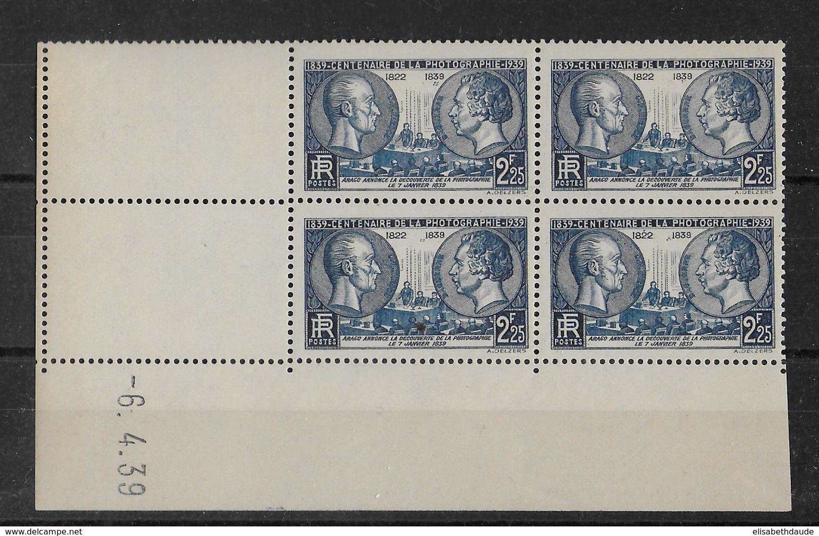 PHOTOGRAPHIE - 1939 - YVERT N° 427 ** MNH BLOC De 4 COIN DATE - COTE = 103 EUR. - 1930-1939