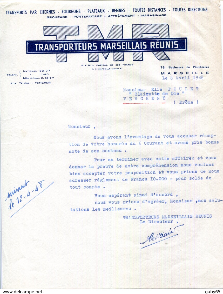 13.MARSEILLE.TRANSPORTS PAR CITERNES.FOURGONS.BENNES.T.R.M.POUR ELIE POULET CLAIRETTE DE DIE. - Transport