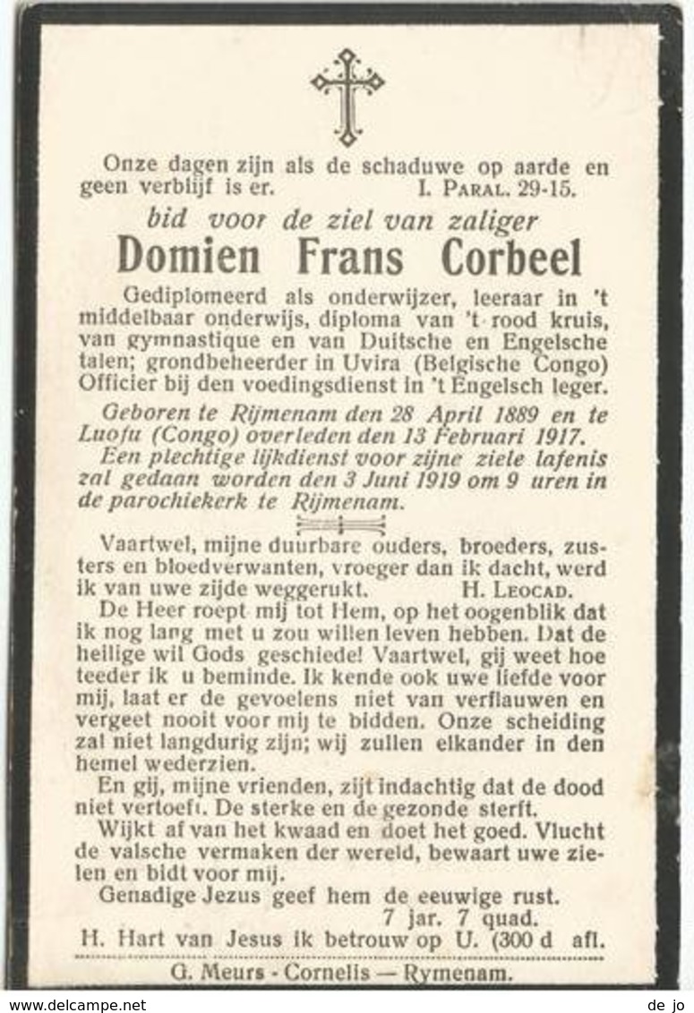 CORBEEL Domien Grondbeheerder  Uvira °1889 Rijmenam +1917 Luofu Belgisch Congo  Doodsprentje Image Mortuaire - Godsdienst & Esoterisme