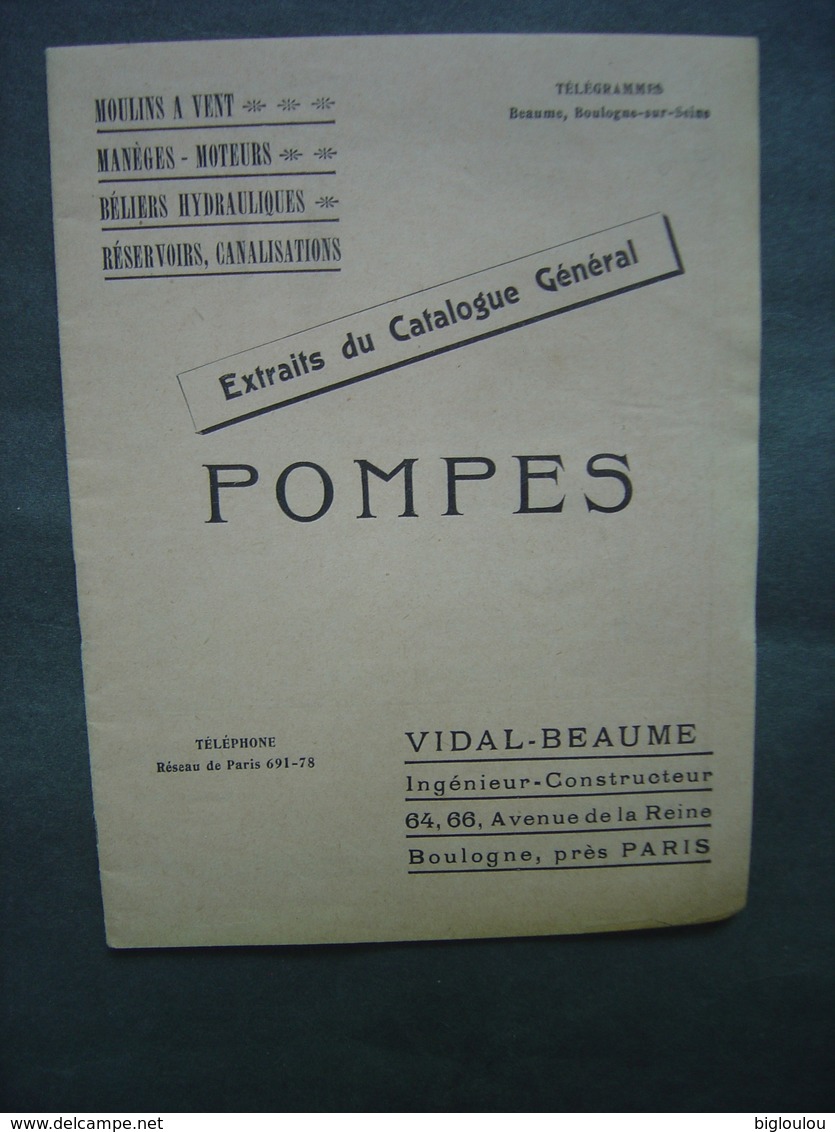 1911 - Ancien Catalogue Vidal-Beaume De Boulogne (Paris) - Pompes - Moteurs - Matériel D'Arrosage - Publicidad