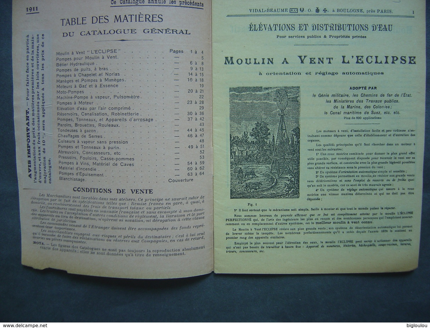 1911 - Ancien Catalogue Vidal-Beaume De Boulogne (Paris) - Pompes - Moteurs - Matériel D'Arrosage - Werbung